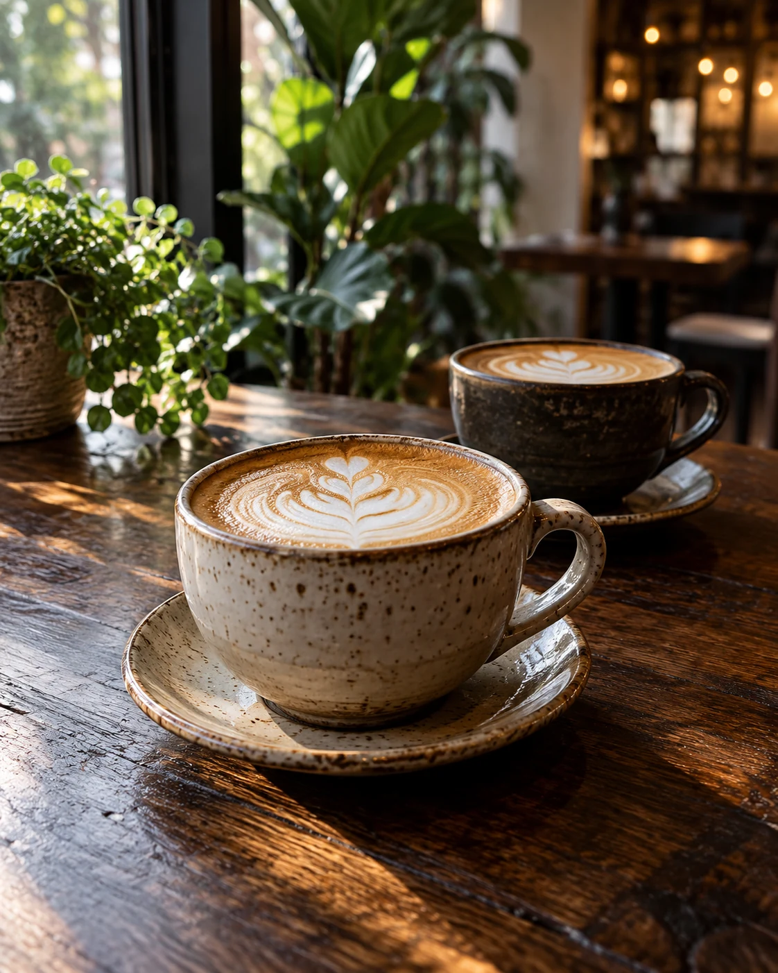 Two ceramic coffee cups on a dark wooden cafe table beside greenery and warm light
