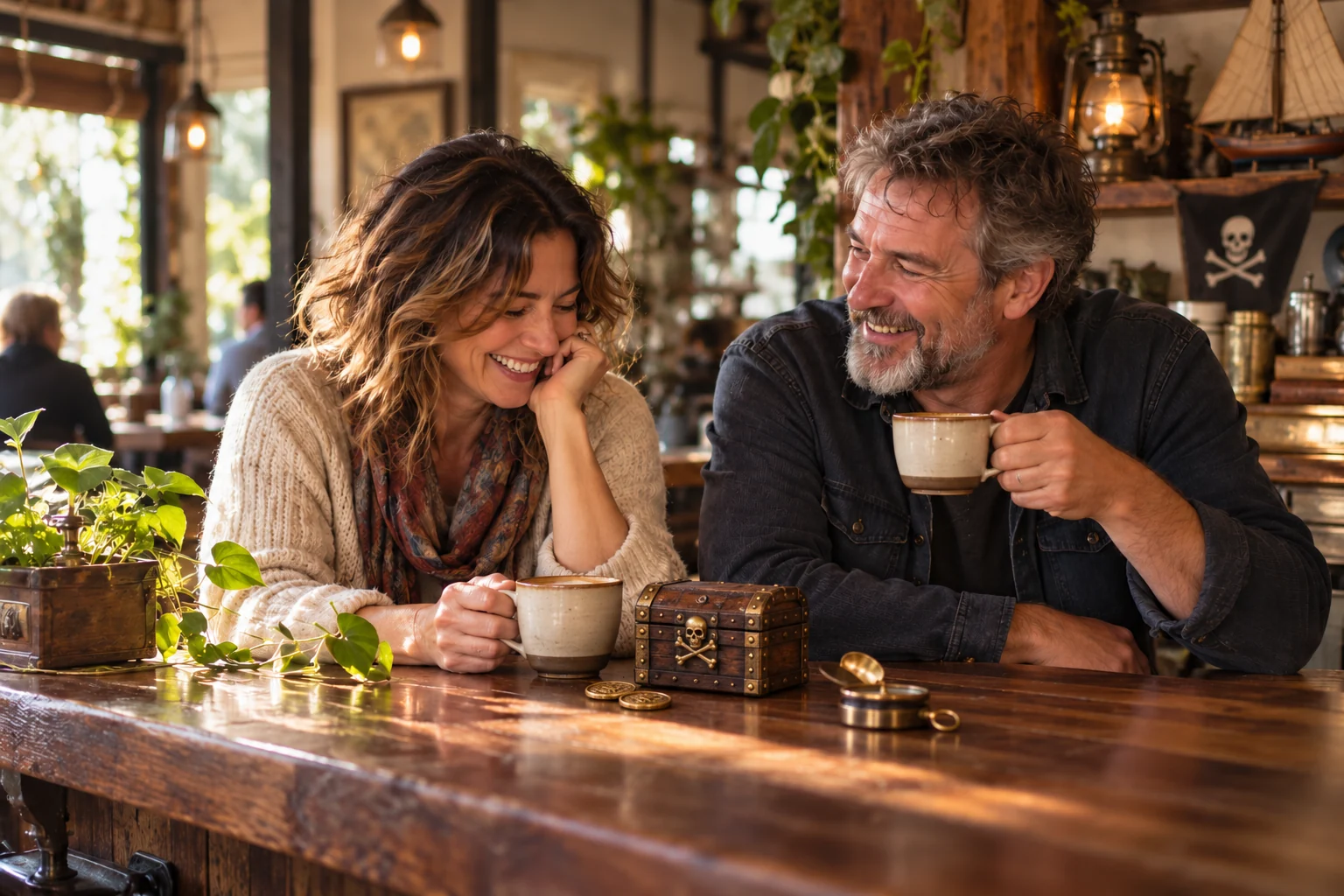 Cafe atmosphere concept: two friends sharing a laugh at the coffee bar, with a miniature pirate treasure chest and a brass compass beside their cups