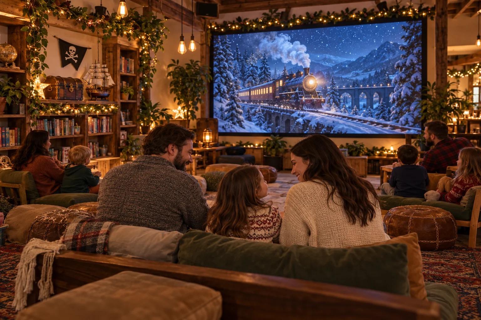 Family movie-night concept: parents and children enjoying a winter train story on a big screen in Little Beans, with warm holiday lights and playful pirate decor