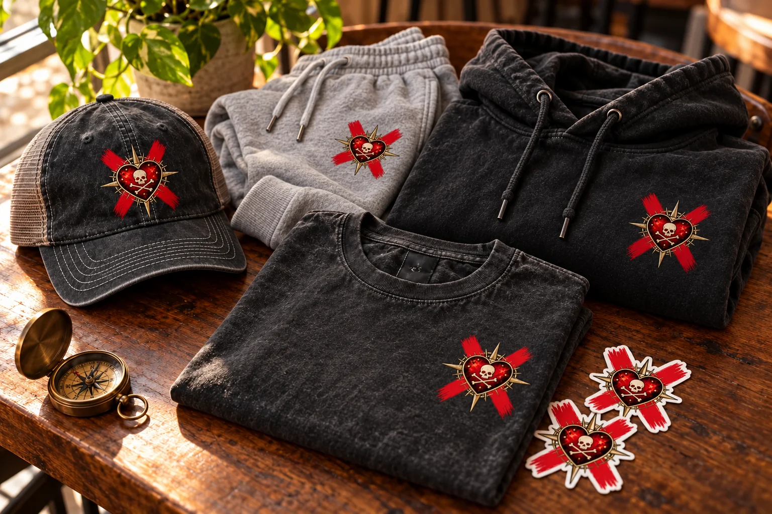 Collection concept: charcoal cafe apparel, an embroidered cap and basic gray sweatpants with the red X, heart, skull and compass emblem on the leg