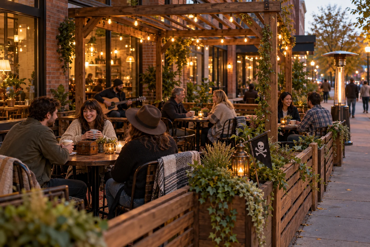 Seasonal outdoor cafe concept: people gathering beneath Edison lights and a temporary pergola, with planters, removable fencing, a patio heater, an acoustic guitarist and subtle pirate details